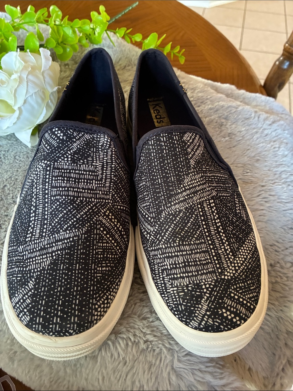 Keds Black & White Patterned Slip-On Loafers